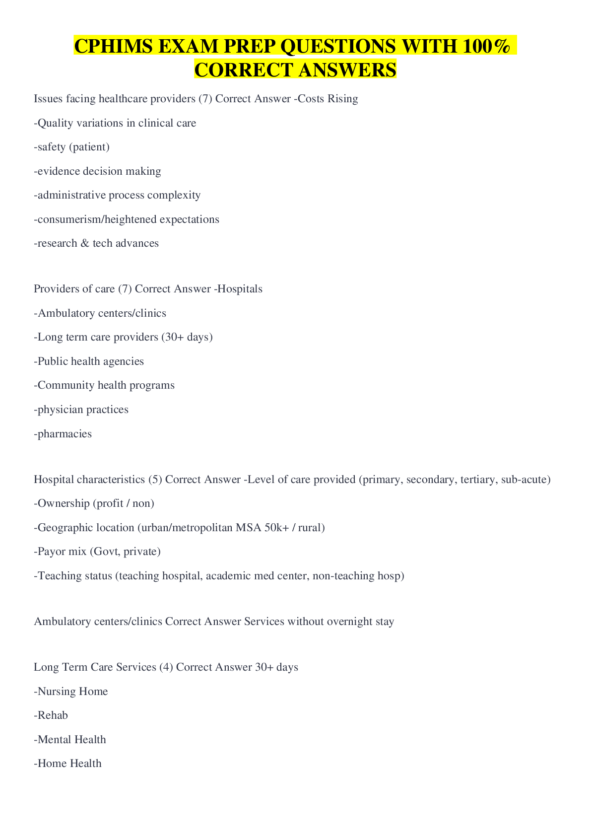 Preview image for CPHIMS EXAM PREP QUESTIONS WITH 100% CORRECT ANSWERS